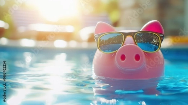 Fototapeta Pink inflatable pig wearing sunglasses floating in a pool under bright sunlight.