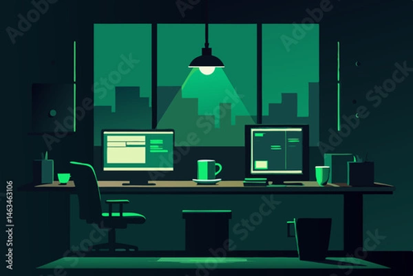 Fototapeta hacker s office with dim lighting  green code 