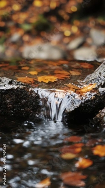 Fototapeta Close up of a small waterfall in the forest with autumn leaves floating in the stream