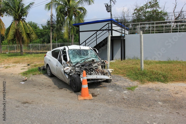 Fototapeta White car get damaged by accident on the road.Severe damage to the vehicle.intense impact from traffic accident