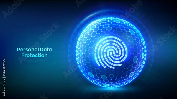Obraz Personal data protection. Biometrics identification. Cyber security. Password control. Fingerprint icon inside transparent sphere shield with hexagon pattern on blue background. Vector illustration.