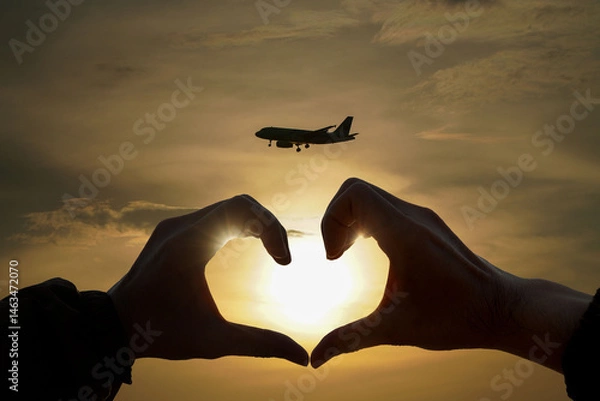 Obraz Silhouette of hands forming a heart shape with a passenger plane in the background,sunset background