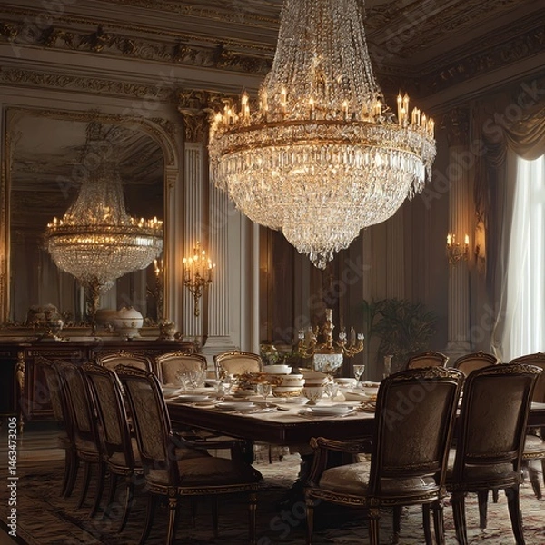 Fototapeta Elegant crystal chandelier illuminating a grand dining room with opulent lighting. Perfect for luxury interiors, hotels, and upscale decor. Sparkling, sophisticated, and stylish