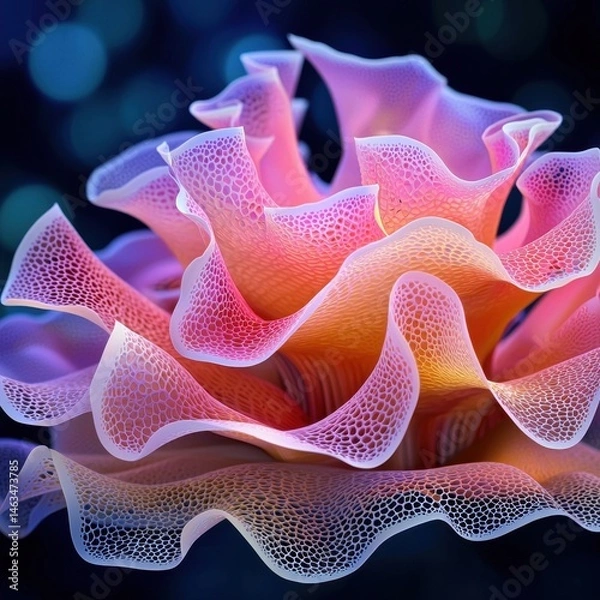 Fototapeta Close up of a vibrant coral like structure with pink, orange, and red hues, exhibiting a delicate, textured surface and intricate, ruffled form