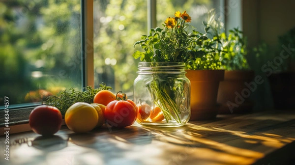 Fototapeta Fresh vegetables and herbs on a wooden windowsill with sunlight