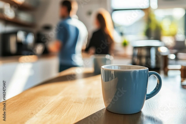 Obraz A bright office kitchen with a big table and coffee mugs, a couple of coworkers are discussing a work project while having their coffee