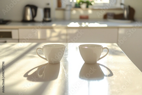 Obraz  A bright office kitchen with a big table and coffee mugs, a couple of coworkers are discussing a work project while having their coffee