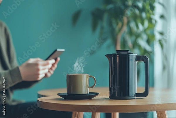 Obraz A cozy office corner with a small table and a coffee pot, a coworker is sitting at the table, sipping coffee while scrolling on their phone