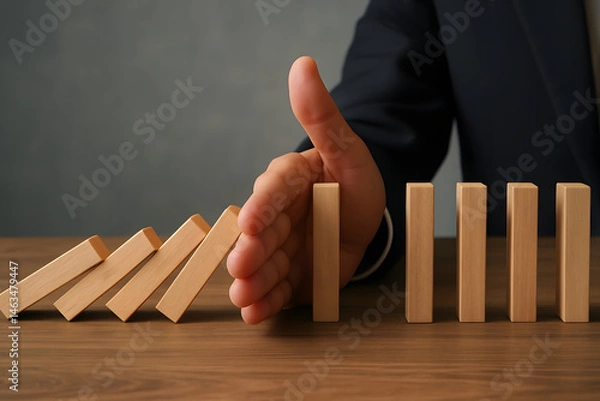 Obraz Domino Effect Prevention: A focused individual skillfully prevents a chain reaction, highlighting the importance of control and management. 