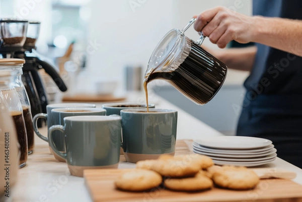 Obraz An office kitchen with coffee cups and plates on the table, a person is pouring coffee into a mug while another coworker grabs a cookie