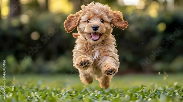 Fototapeta Joyful Golden Poodle Puppy Running in Green Grass