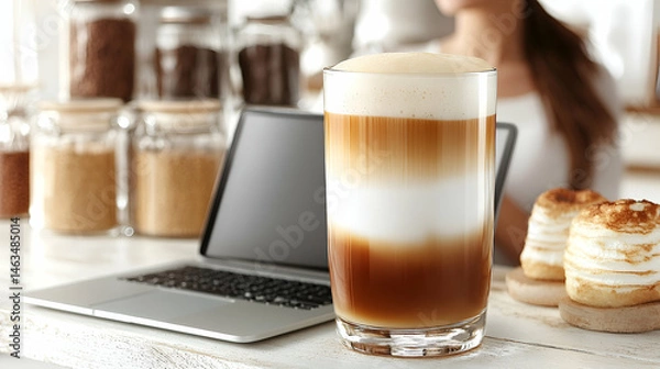 Fototapeta Layered Latte Coffee Drink with Sweet Pastries and Laptop on White Table
