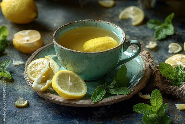 Fototapeta Lemon Tea with Mint in a Teal Cup