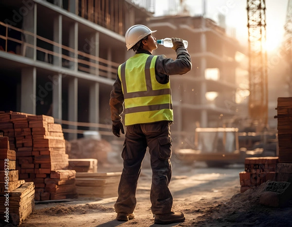 Obraz Construction worker drinks water during break amidst a construction site at sunset.