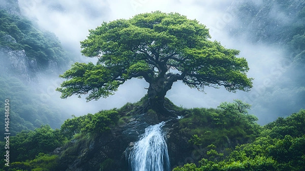 Fototapeta Lush Green Tree on Mountaintop Waterfall in Misty Fog