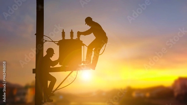 Fototapeta Silhouette of Electrical Engineers Working on a Power Transformer at Sunset