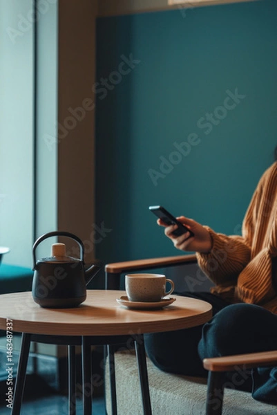 Obraz  A cozy office corner with a small table and a coffee pot, a coworker is sitting at the table, sipping coffee while scrolling on their phone