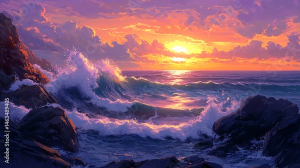 Fototapeta Stunning Frozen Cove at Sunset with Crashing Waves, huge shore break wave crashing on the beach, watercolor design dramatic sunset illuminating a rugged coastline.
