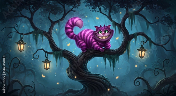 Obraz Cheshire Cat in Enchanting Moonlight Forest