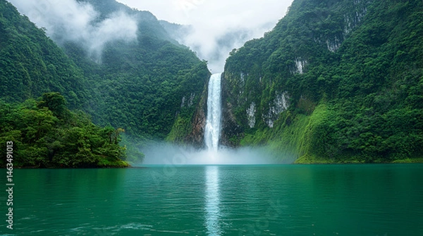 Fototapeta Majestic Waterfall cascading into a Teal Lake Surrounded by Lush Green Jungle