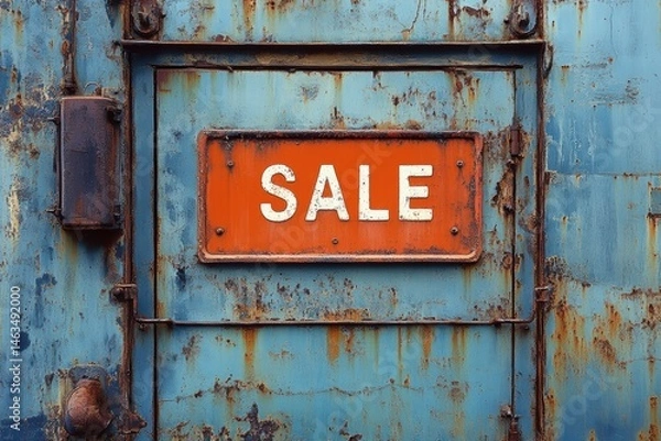 Fototapeta Weathered metal surface with a bold red SALE sign, contrasting against the distressed blue and rusty industrial background