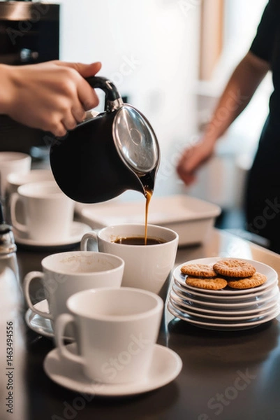 Obraz An office kitchen with coffee cups and plates on the table, a person is pouring coffee into a mug while another coworker grabs a cookie