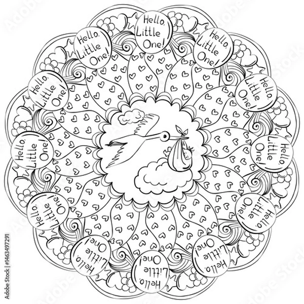 Obraz Doodle mandala with a stork bringing a baby, meditative coloring page for a baby shower party or holiday activity