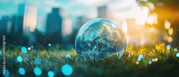 Fototapeta Globe on grass in city park, network concept, future technology, global connection, low angle, environmental sustainability