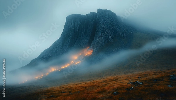 Fototapeta Misty Mountain Peak with Glowing Path