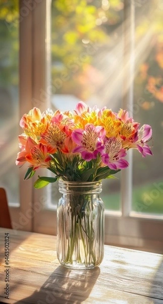 Fototapeta Vibrant bouquet of alstroemeria flowers in a glass vase illuminated by warm sunlight in front of a window.