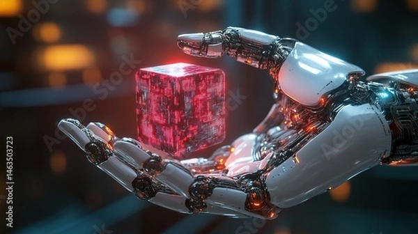 Fototapeta A robotic hand holding a levitating digital block, symbolizing AI and automation