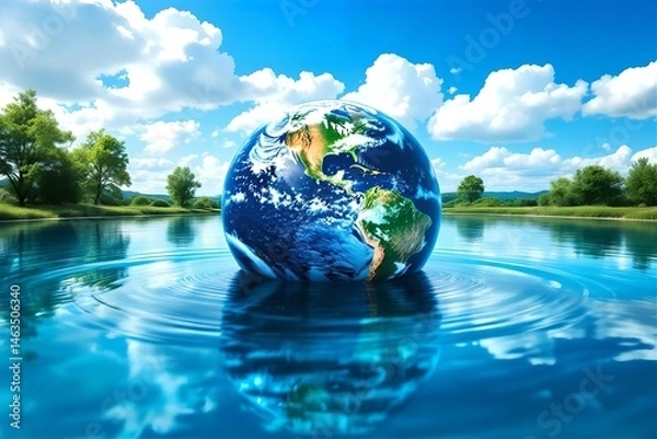 Fototapeta Earth Globe Floating on Water: Environmental Conservation, Blue Planet, Nature Scenery, Ecology Concept, Stock Photo