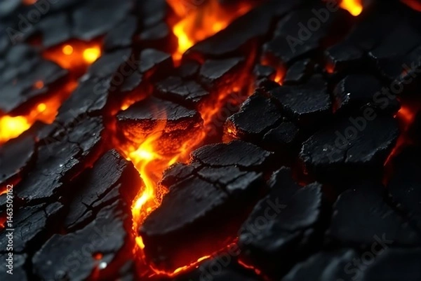 Fototapeta Glowing Embers: Close-Up of Burning Charcoal with Fiery Orange Flames - High-Contrast Macro Photography of Firewood and Hot Coals Texture