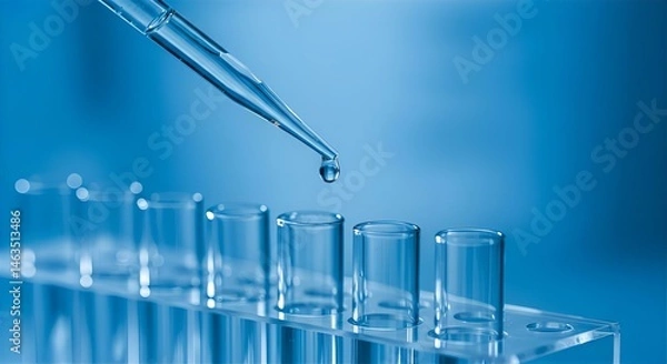 Fototapeta Science Lab Experiment: Close-Up of Dropper Adding Liquid to Test Tubes - Medical Research, Chemistry, Blue Tones Stock Photo