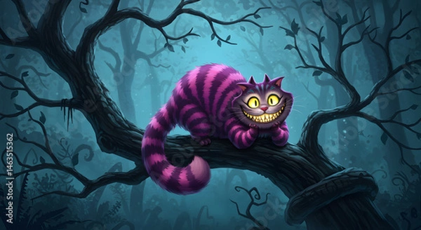 Obraz Cheshire Cat in Enigmatic Forest - Digital Fantasy Illustration
