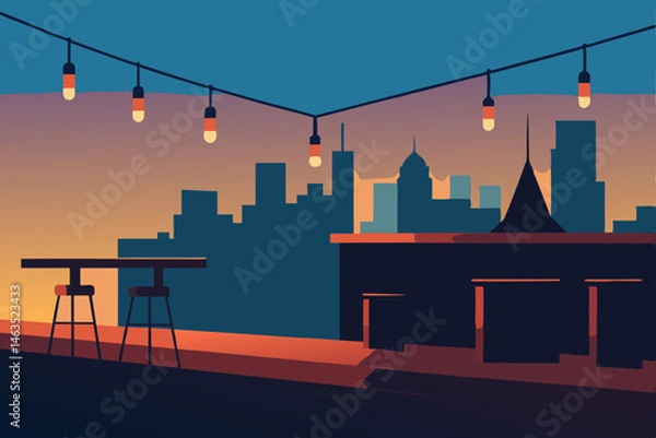 Fototapeta rooftop bar with hanging string lights and skyline 