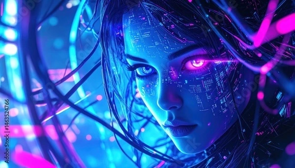 Obraz Futuristic Cyber Woman with Glowing Eyes and Neon Circuit Face — Sci-Fi AI Portrait in Blue and Pink Light