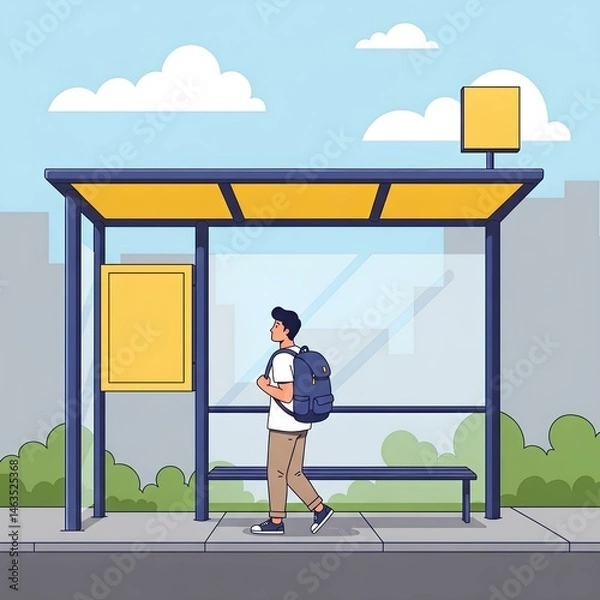 Obraz Young Man with Backpack Walking to Bus Stop on Sunny Day