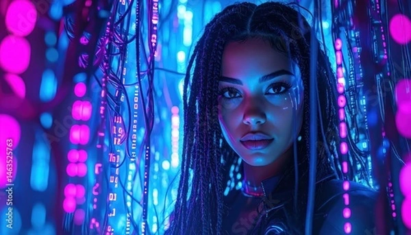Obraz Cyberpunk Woman in Neon Digital Matrix with Glowing Code and Futuristic Tech Wires – AI Sci-Fi Portrait