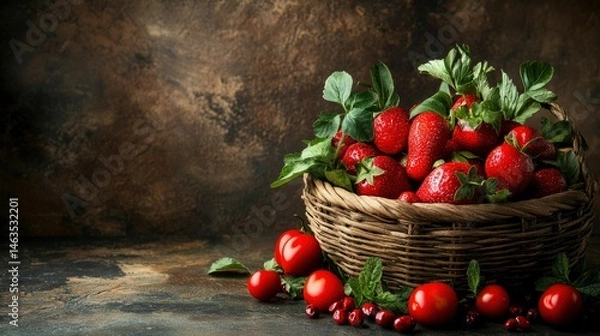 Fototapeta Fresh Ripe Strawberries in Rustic Basket with Cherries and Pomegranates