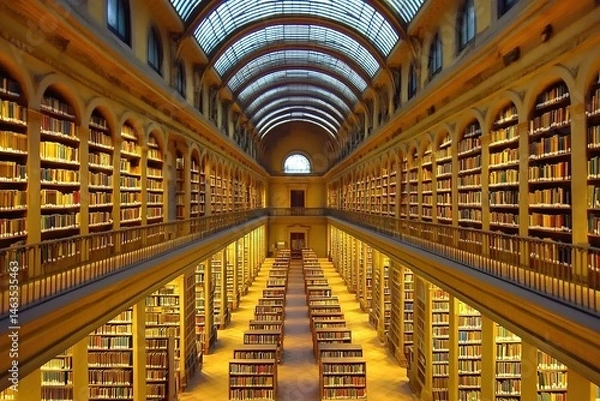 Fototapeta large library with rows of books, in the center of which is an arched balcony and glass roof, fantastic atmosphere.