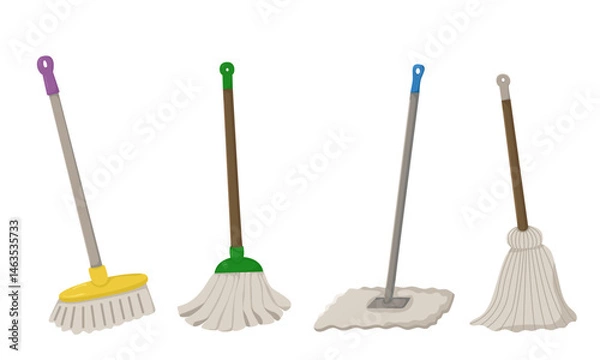 Fototapeta Vector set of different mops and brooms isolated on white background. Attributes for spring cleaning of the house.