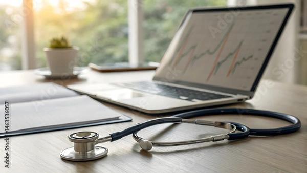 Fototapeta Closeup of stethoscope and medical charts on doctor’s desk