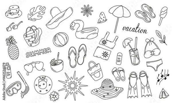 Obraz Vector set of images for summer beach vacation in doodle style. Vector icons for vacation. Summer travel collection.