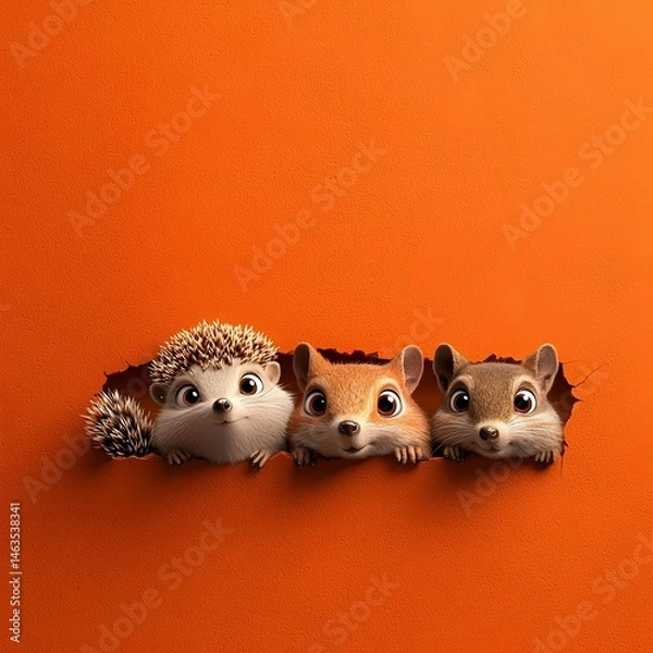 Obraz Curious woodland creatures peeking from orange border