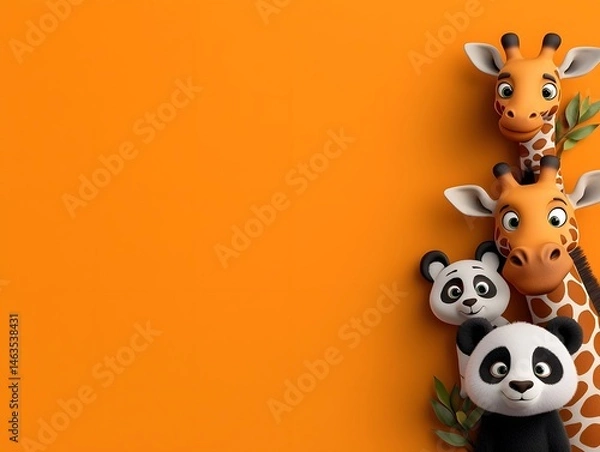 Obraz Cute and playful cartoon giraffes pandas and bears peeking curiously from the edges of a vibrant orange background with ample white space for text overlay or design elements