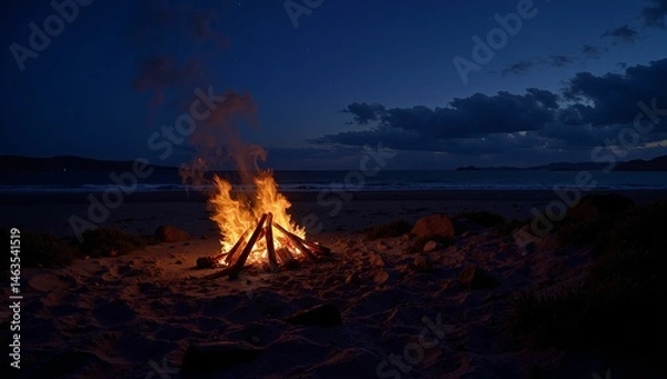 Obraz AI-generated cozy campfire on a beach at dusk with a serene ocean backdrop and cloudy sky.