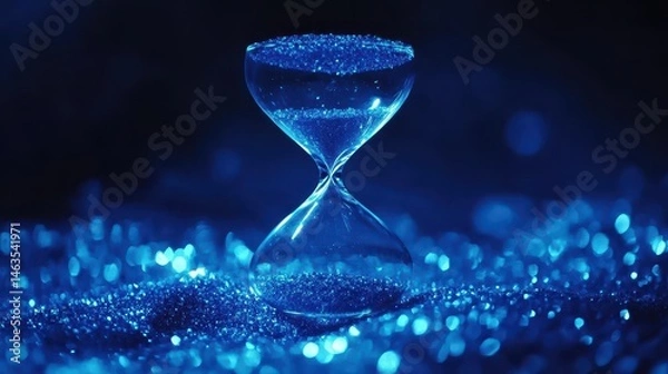 Fototapeta Hourglass with blue glitter sand falling concept time passing in abstract studio shot close up