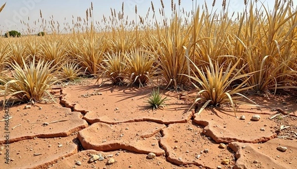 Fototapeta AI-generated cracked dry soil with sparse vegetation in a drought-affected field under a clear sky.