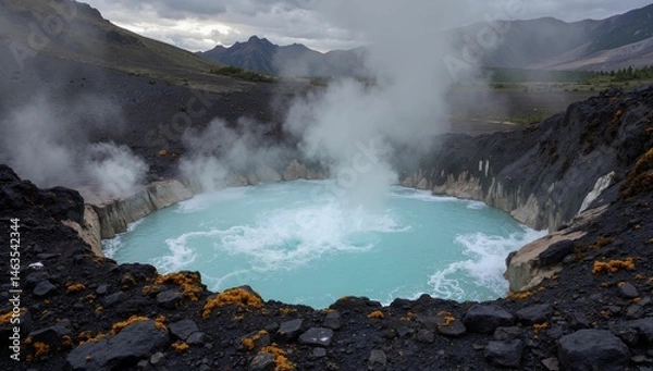 Obraz AI-generated geothermal hot spring with steaming turquoise water surrounded by rocky terrain